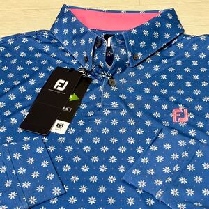 新品★FootJoy フットジョイ フラワーパターン 吸汗速乾 4Wayストレッチ 長袖ボタンダウンシャツ★サファイア★サイズXL★送料185円