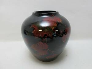 H07368 【 美品 華道具 陶胎漆器 ぼたん 葡萄螺鈿色絵 壺 花瓶 箱無 】 検) 茶道具 花入 花器 花生 飾り 茶会 茶事 美術品 ⅱ