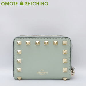 VALENTINO ヴァレンティノ バレンチノ ジップ コインケース カードケース 小銭入れ 財布 スタッズ レザー グリーン 美品◆中古A＋ランク