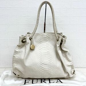 1404◎ FURLA フルラ バッグ 鞄 ハンド トート 肩掛け マグネットボタン パイソン 型押し カジュアル ホワイト レディース