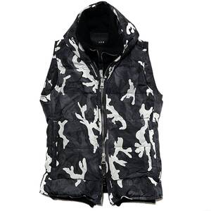 LEON掲載 定価15.4万 AKM LIMONTA CAMO BORDER SKI HOODED DOWN VEST Sサイズ リモンタカモナイロンレイヤードダウンベスト ジュンハシモト