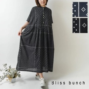 【Bliss bunch ブリスバンチ】コットンバンダナ柄 切替ギャザーワンピース ブラック フリーサイズ