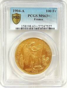 PCGS MS63＋1904年A フランス エンゼル 100フラン 金貨 1オンス 1oz 高鑑定 エンジェル 天使 高鑑定 アンティークコイン