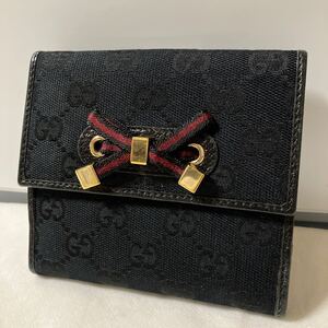 【美品】GUCCI グッチ Wホック折り財布 キャンバス地 GGシマ シェリーライン レザー リボン シリアルあり