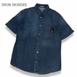 国内正規品 DIOR HOMMEディオールオム833C544T101X 半袖コットン デニムシャツ ロゴボタン ロゴ革パッチ インディゴ 39 イタリア製