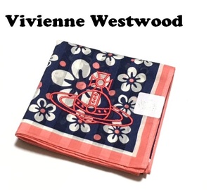 【Vivienne Westwood】(NO.5911）ヴィヴィアンウエストウッド ハンカチ 紺×ピーチ系　花柄　未使用　47cm