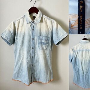 ★【国内正規品 ポルトガル製】 Nudie Jeans ヌーディー ジーンズ コットン100％ インディゴ デニム ハーフスリーブ シャツ S メタルボタン