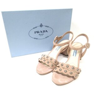 美品 PRADA プラダ スエード ボールスタッズ オープントゥ アンクルストラップ ヒール サンダル サイズ36 1/2 23.5cm相当 ピンクベージュ