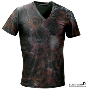 9#bv10-gyre BLACK VARIA 薔薇 花 チェーン ゼブラ プレミアムVネック半袖Tシャツ メンズ(グレー灰レッド赤) LL 吸水速乾 2wayストレッチ