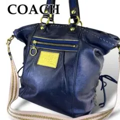 美品 COACH ショルダーバッグ 2way A4 レザー メタリックブルー