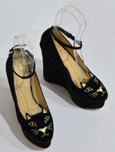 CHARLOTTE OLYMPIA シャーロットオリンピア Tessa kitty velvet wedges キティ ベロア ウェッジソール パンプス ストラップ 34.5 Y-287750