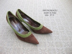 イタリア製☆BRUNOMAGLI☆ヒールパンプス☆スエード☆37.5☆BROWN×GREEN☆ポインテッド☆ブルーノマリ☆