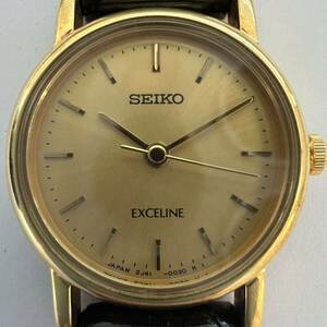 ★1円スタート★SEIKO セイコー EXCELINE エクセリーヌ 18KT レディース 腕時計 2J41-0020 クォーツ 不動 ゴールド文字盤 レザーベルト