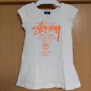 希少☆ステューシーWORLD TOURワンピース半袖Tシャツ白ホワイトORANGEオレンジ太陽SUN/90cmワールドツアーSTUSSY子供キッズ女の子95cm100cm