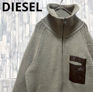 DIESEL ディーゼル ドライバーズニット 長袖 フルジップ セーター 編み込み ケーブル サイズM くすみグリーン 革ロゴ メンズ