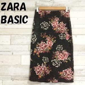 【人気】ZARA BASIC/ザラ ベーシック 花柄ひざ丈レーススカート ブラックベース USサイズXS/6049