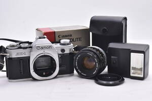 Canon キヤノン AE-1 シルバーボディ フィルムカメラ + FD 50mm F/1.8 S.C. レンズ + Speedlite 155A (t8209)