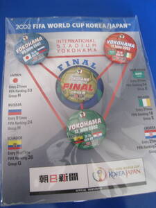 ■朝日新聞　2002FIFA WORLD CUP KOREA/JAPAN 缶バッジ4個セット　ワールドカップ YOKOHAMA　横浜 非売品 ◆中古◆