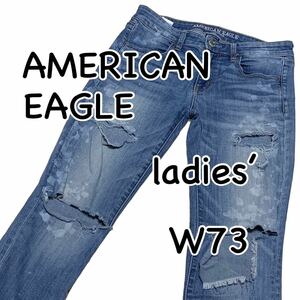 アメリカンイーグル JEGGING CROP スーパーストレッチ US8 ウエスト73cm クラッシュ加工 ペイント加工 レディース ジーンズ M1486