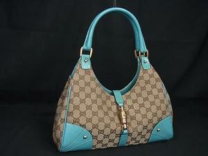 1円 ■美品■ GUCCI グッチ 124407 ニュージャッキー GGキャンバス ハンドバッグ トート ショルダー ブラウン系×ライトブルー系 FB7862