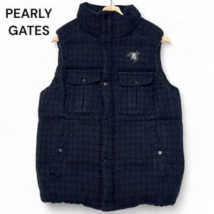 美麗品◎ダウン90%!!XLサイズ位!!パーリーゲイツ【最高の肉厚ダウン!!】PEARLY GATES 総柄 ダウン ベスト ネイビー ロゴ 秋冬 極暖◎メンズ