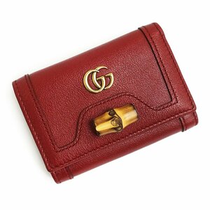 （新品・未使用品）グッチ GUCCI バンブー付き ミディアム ウォレット コンパクト 三つ折り財布 レザー レッド 赤 658633 箱付