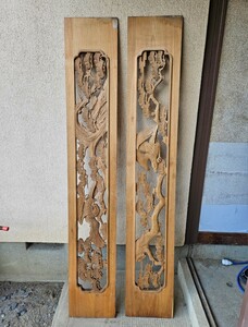 希少 井波彫刻 秀月作 欄間 一対 2枚セット 日本のアンティーク レトロ 木製 古民家 インテリア 和家具 建具 木彫り 和室 鷹に松
