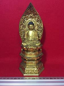 中古品 高級 仏像 仏教 美術 工芸品 精密 彫刻 極上 木彫 仏師 釈迦如来座像 座像 木造 黒漆 金メッキ 良いお顔 縁起物 お釈迦様 珍品 美品