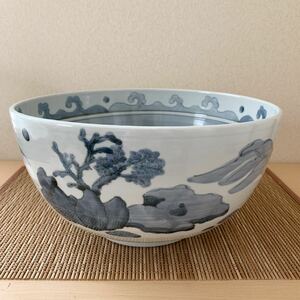 古染山水 メダカ絵 盆蓋 丸鉢 陶器 メダカの丸鉢 睡蓮鉢 染付 大鉢 茶道具 めだか