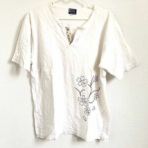TK タケオキクチ 半袖Tシャツ 花柄刺繍 ホワイト シンプル 和風 ◎13-13