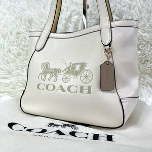 極美品 B5●COACH コーチ ウィズ ホースアンドキャリッジ カーフレザー 本革 トートバッグ ホワイト ベージュ G金具 肩掛け A4 保存袋