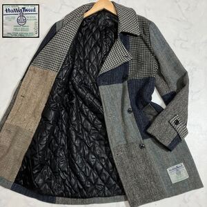 美品/Lサイズ◎HARRIS TWEED パッチワーク ヘリンボーン ハリスツィード 90s ヴィンテージ キルティング 裏地 グレー系 チェスターコート