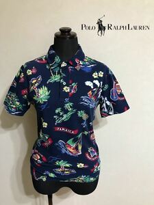 【良品】 Polo Ralph Lauren ポロ ラルフローレン ドライ 鹿の子 ポロシャツ 総柄 ジャマイカ ジュニアサイズM (10-12) 半袖 ネイビー