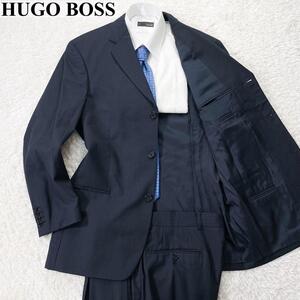 【美品 サイズL】HUGO BOSS ヒューゴボス スーツ セットアップ 背広 シングル 3B 三つボタン 表記サイズ 50 ダークグレー メンズ ビジネス