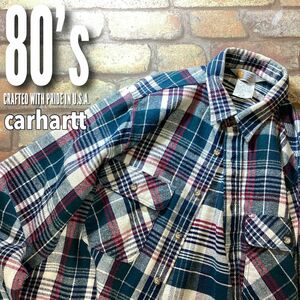 ★80′s vintage★正規品★【carhartt カーハート】CRAFTED WITH PRIDE ヘビーネル チェック柄 ワークシャツ【海外 L】深緑 エンジ K3-264