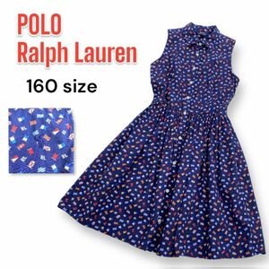 POLO RALPH LAUREN ポロラルフローレン 総柄 旗 フラッグ柄 ノースリーブ 膝丈 ワンピース サイズ16 ネイビー 紺色 160 ホースロゴ刺繍