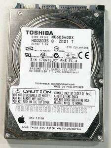 東芝 MK6034GSX 60G 2.5インチ SATAハードディスク 9.5mm厚 SATA/5400rpm 使用時間1455H アップルマーク有 [送料無料]　