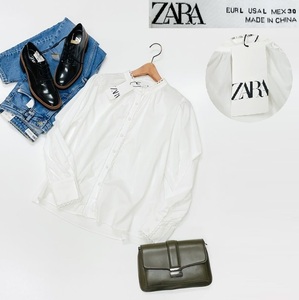 【L】ZARA ホワイト 長袖ブラウス レディース タグ カジュアル トップス 羽織り 通勤 フェミニン 大人可愛い白 フォーマル デイリー ザラ