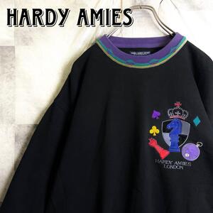 美品 HARDY AMIES ハーディエイミス 両面 マルチカラー 刺繍ロゴ リンガー スウェット トレーナー ブラック 黒 XL