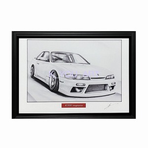 日産 NISSAN シルビア S14 前期【鉛筆画】名車 旧車 イラスト A4サイズ 額付き サイン入り