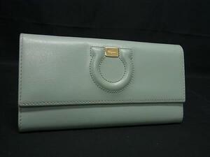 1円 ■美品■ Salvatore Ferragamo フェラガモ ガンチーニ レザー 二つ折り 長財布 ウォレット 小銭入れ 札入れ ライトグリーン系 GA0763