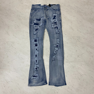 USA正規品 【W38/L35】 R3BEL レーベルジーンズ RIPPED STACKED FLARE DENIM スタックド フレアフィット ストレッチ ダメージ加工 L.Blue