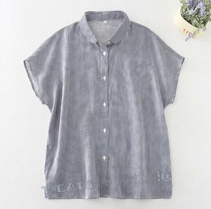 ☆新品チュニック ボーダー柄 シャツ ブラウス きれいめ ナチュラル 着痩せ ゆったり 大きいサイズ トップス 綿麻 半袖 ブラウス L