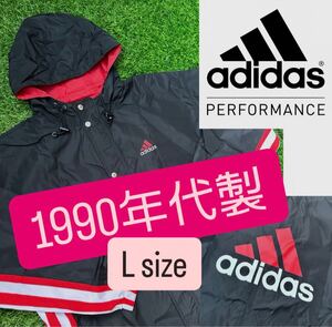 1990年代【adidas NYLON HOODED JACKET ナイロン コーチ ベンチ ジャケット 黒 赤 Lサイズ 日本企画 vintage ビンテージ】france eqt 別注