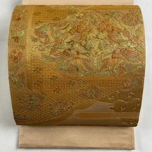 袋帯 美品 秀品 花鳥 霞 刺繍 金彩 薄オレンジ お太鼓柄 正絹 【中古】