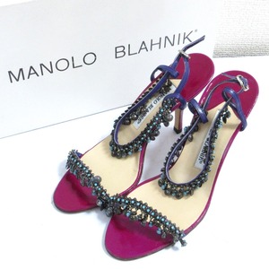 美品 MANOLO BLAHNIK マノロブラニク ビーズ ストラップ ハイヒール ピンヒールサンダル 36 23cm相当 パープル ライトブルー