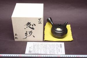 3349 新品未使用 収集家放出 玉龍 黒泥 細字彫 中国漢詩 急須 茶注 煎茶道具 栞 木箱 