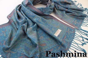 新品【Pashmina パシュミナ】ツタ 華 ペイズリー柄 大判 ストール E.GREEN 緑 エメラルドグリーン系 Cashmere カシミア100%