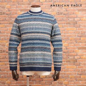 1円/秋冬/AMERICAN EAGLE/XSサイズ/丸首ニット 1142-1800 ボーダー ジャガード レトロ モダン お洒落 新品/紺/ネイビー/jb161/