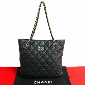 極 美品 シール有 10番台 CHANEL シャネル マトラッセ ココマーク ラムスキン レザー 本革 チェーン トートバッグ ブラック 30760